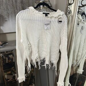 Forever 21 Distressed White Ribbed Top
